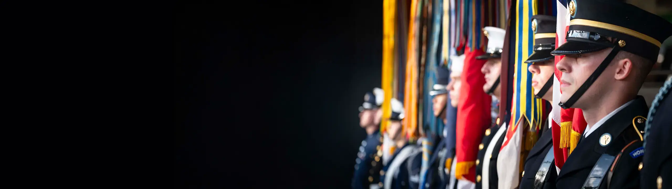 Image is mostly black with a line of military personnel in uniform holding flags in a straight line.