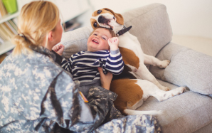 Mom, child, and dog